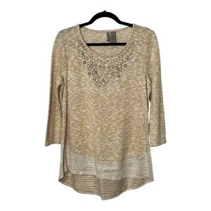 New Directions Weekend Tan Marl Embellished 3/4 Sleeve High-Low Top Size M